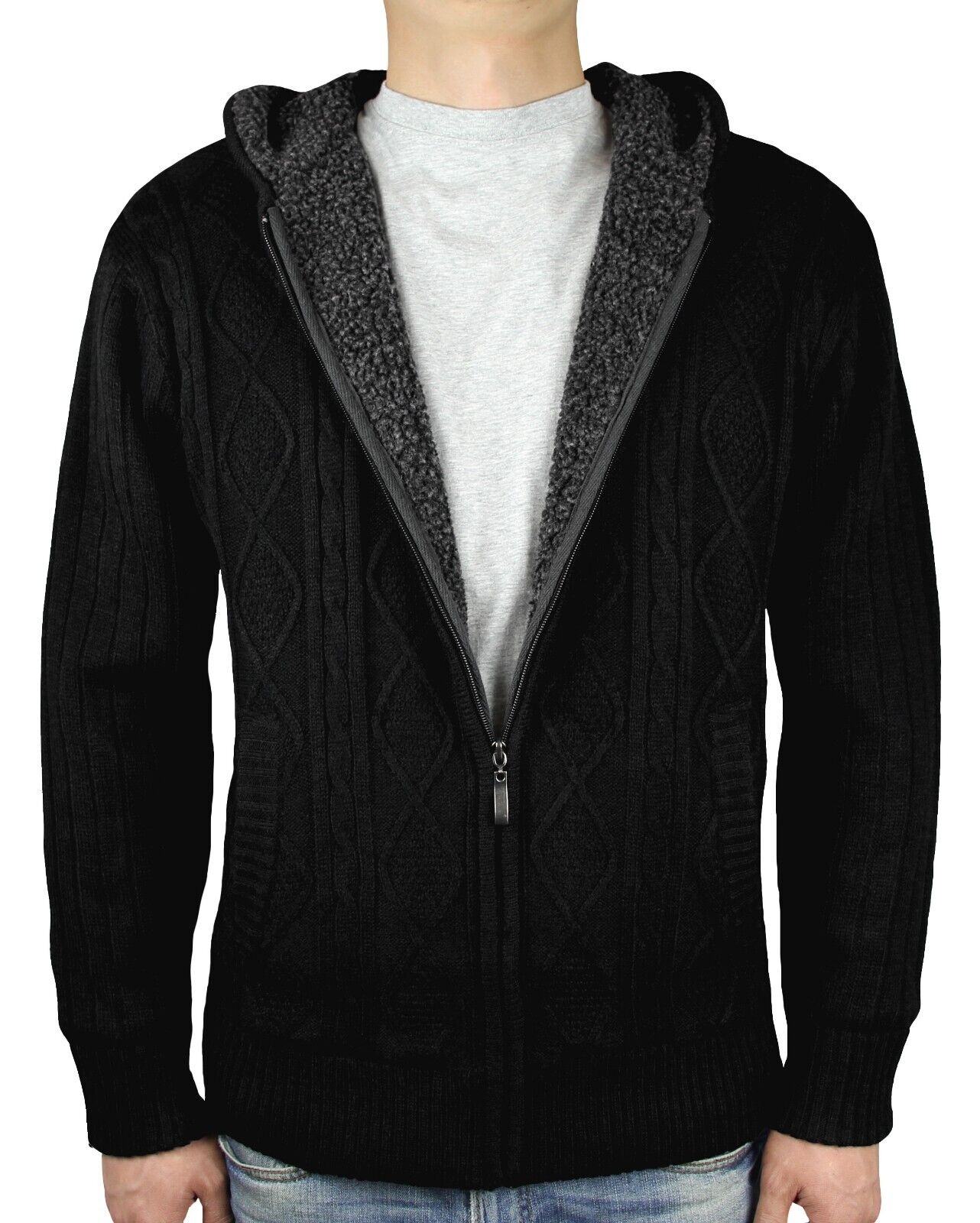 Blue Ocean Mens Cable Sweater Jacket w/Sherpa lining(sw-675)